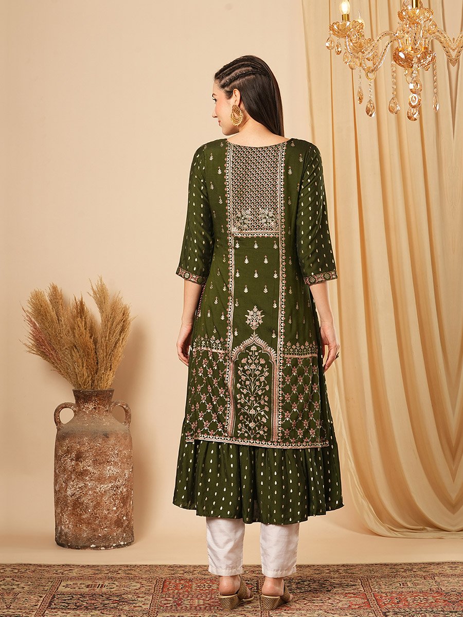 Women Green Gold Foil Floral Print A-Line Kurta