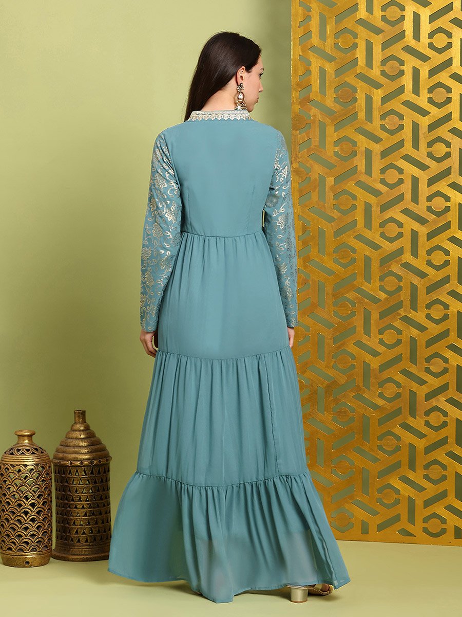 Women Green Pleated Embroidered Maxi Dress