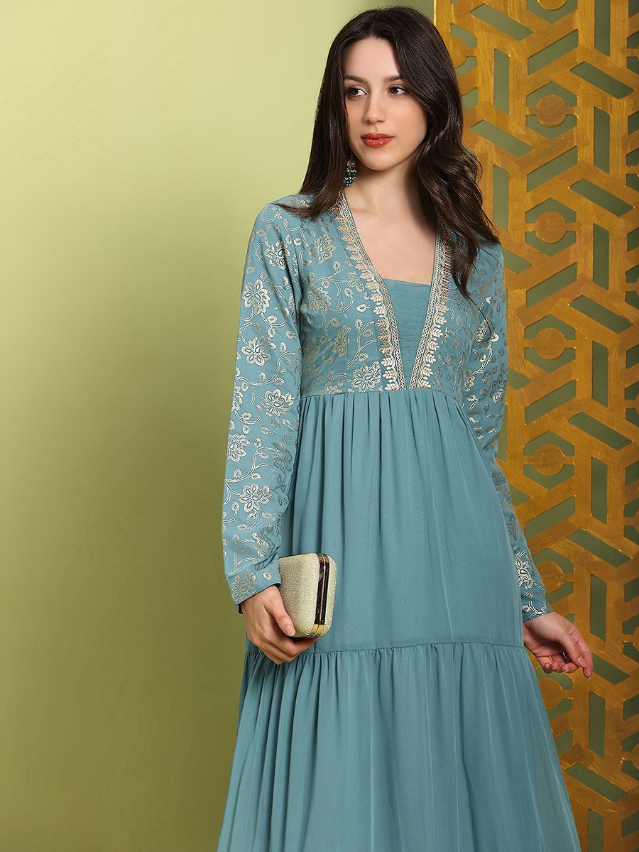 Women Green Pleated Embroidered Maxi Dress