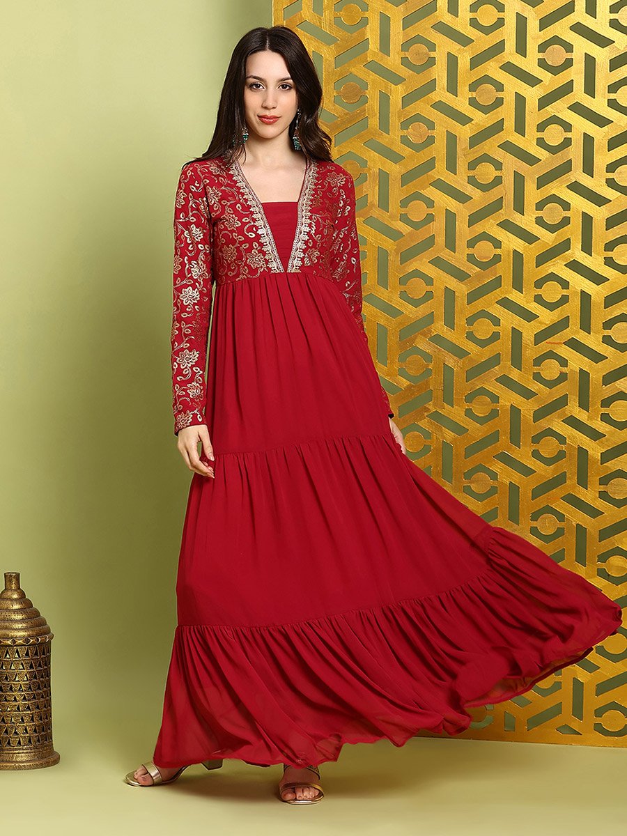 Women Red Pleated Embroidered Maxi Dress