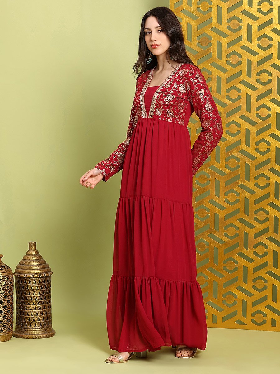 Women Red Pleated Embroidered Maxi Dress