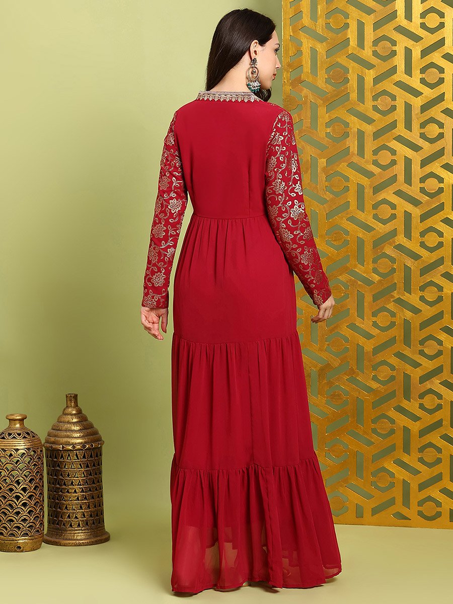 Women Red Pleated Embroidered Maxi Dress