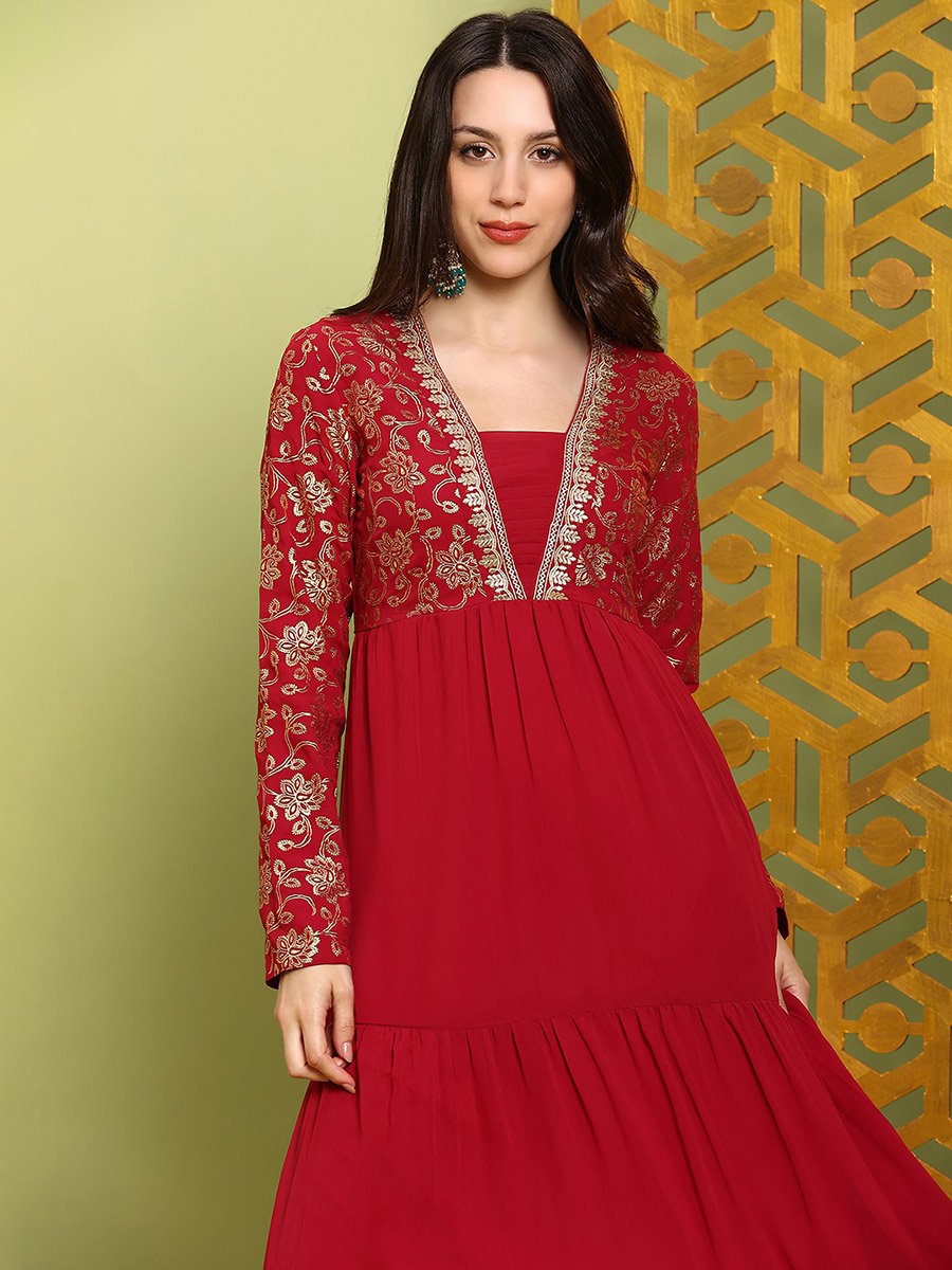 Women Red Pleated Embroidered Maxi Dress