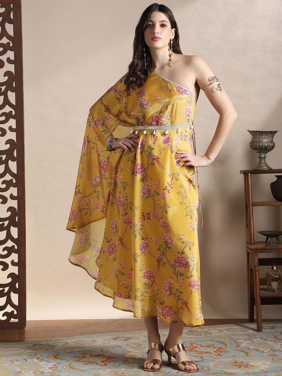 Women Yellow Floral Print One Shoulder Midi Dress