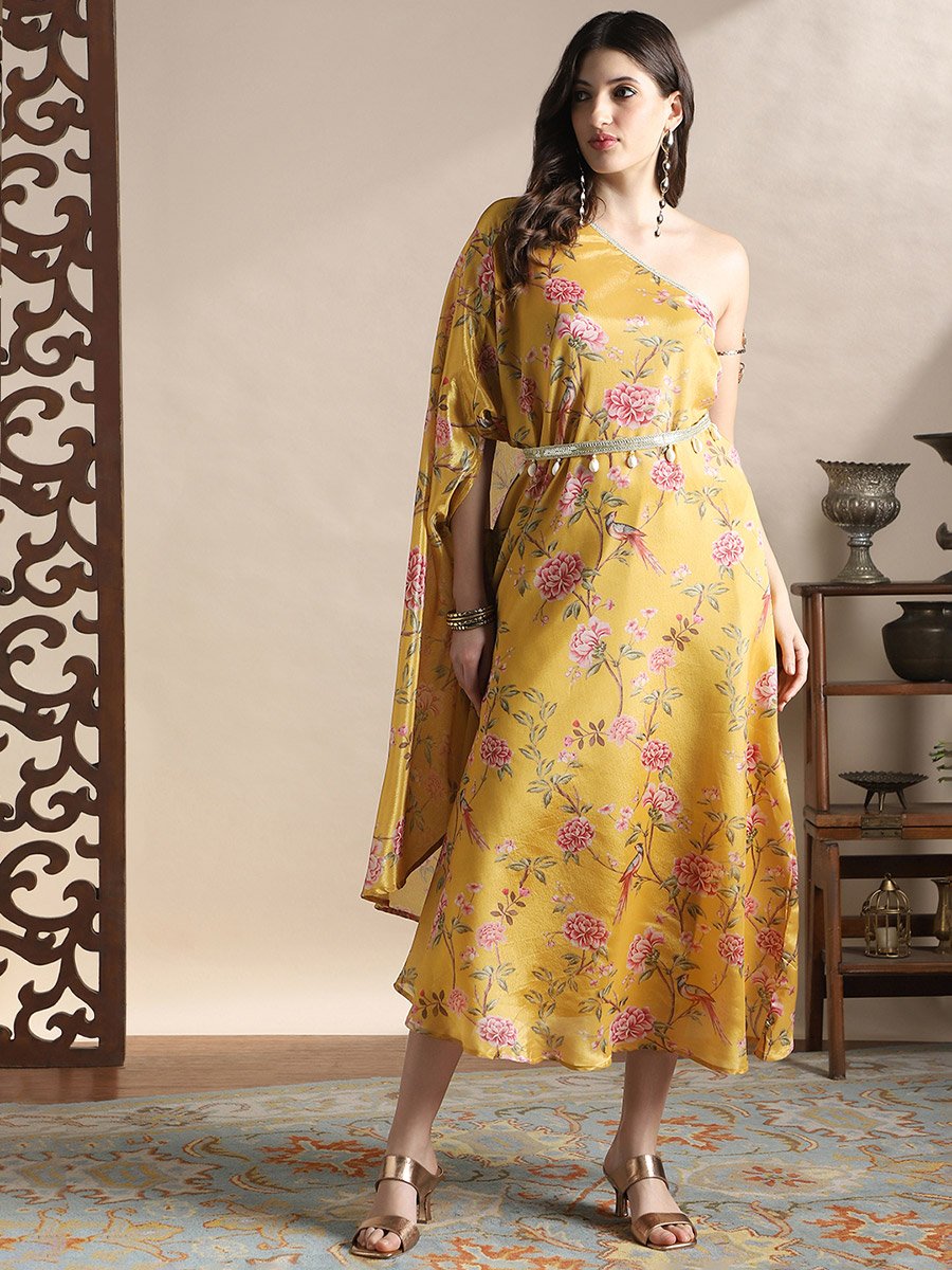 Women Yellow Floral Print One Shoulder Midi Dress
