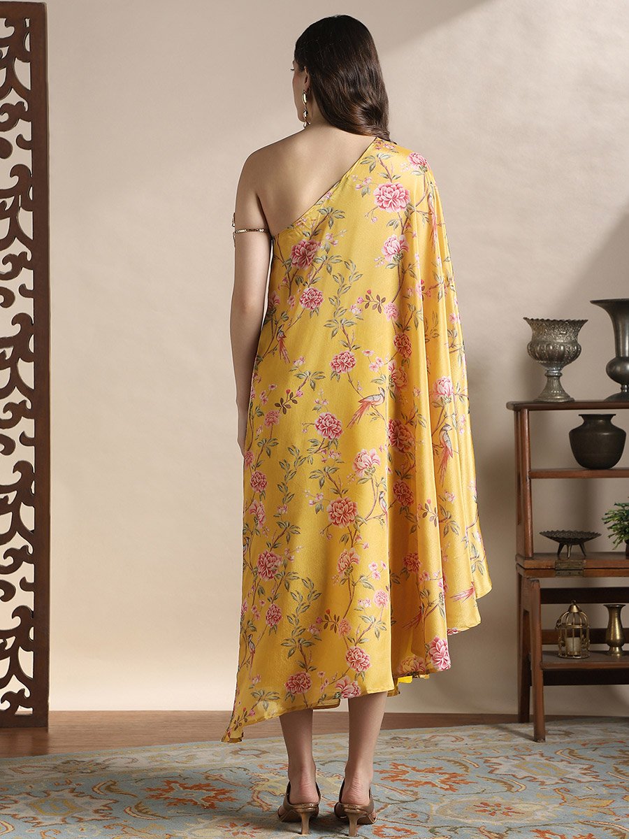 Women Yellow Floral Print One Shoulder Midi Dress