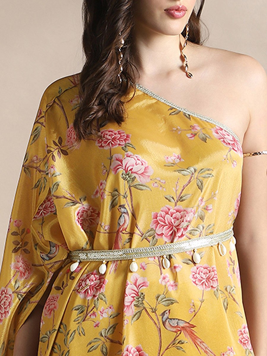 Women Yellow Floral Print One Shoulder Midi Dress