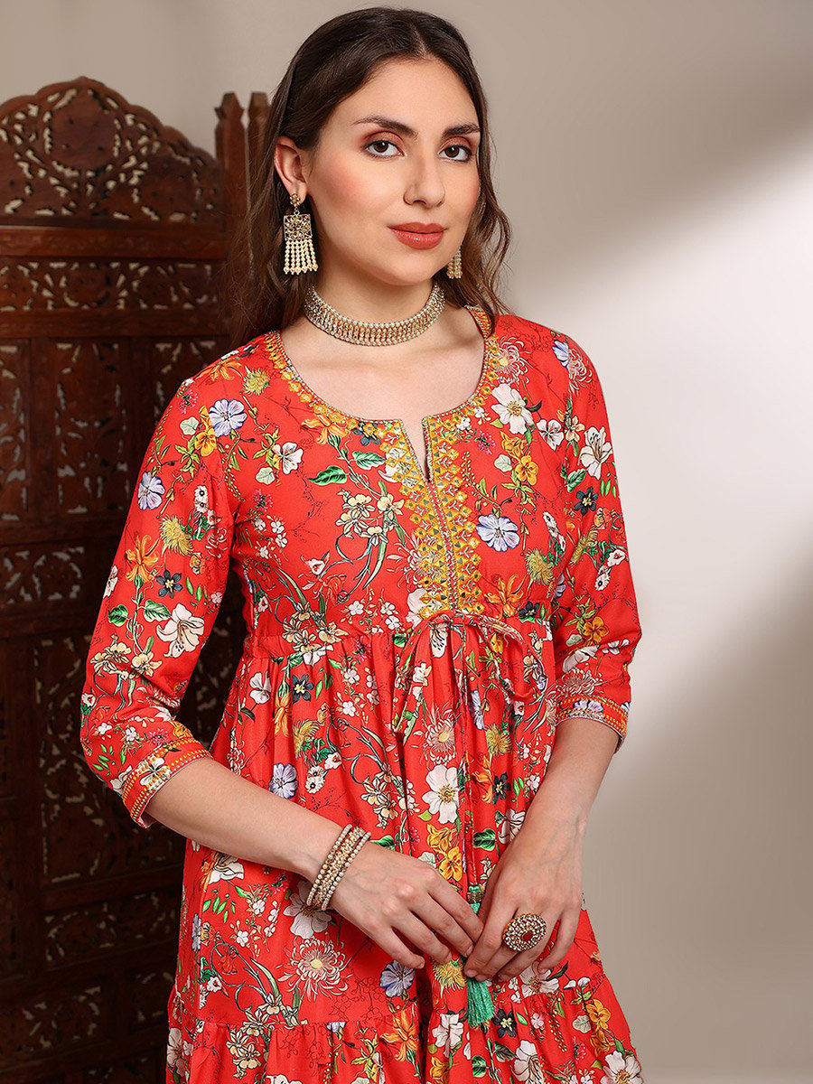 curvy fit women's dress pants Plus Size V Neck Embroidered Midi Dress in Red