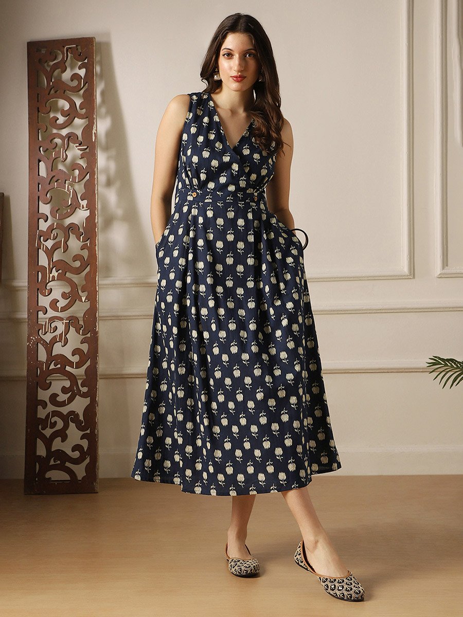 Women Navy Blue Floral Print Wrap Midi Dress