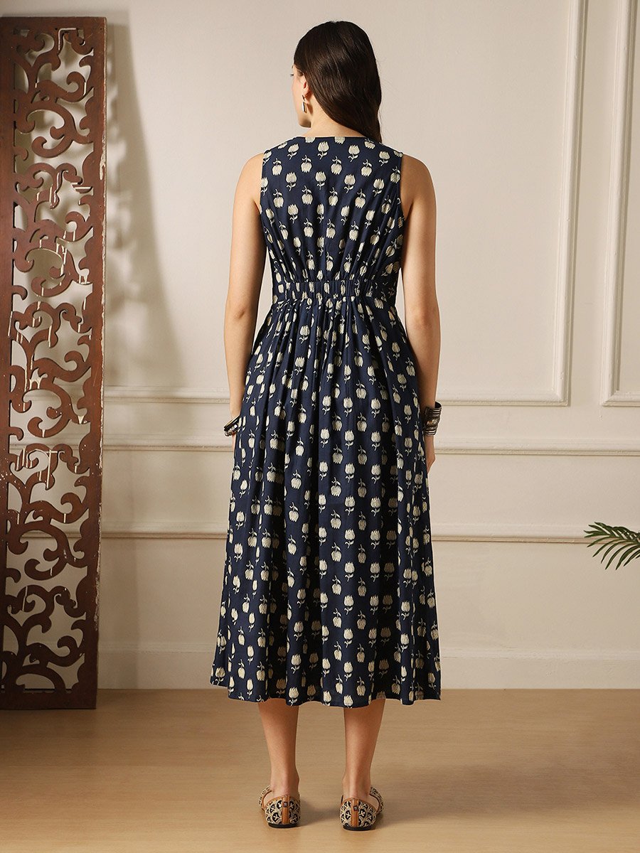 Women Navy Blue Floral Print Wrap Midi Dress