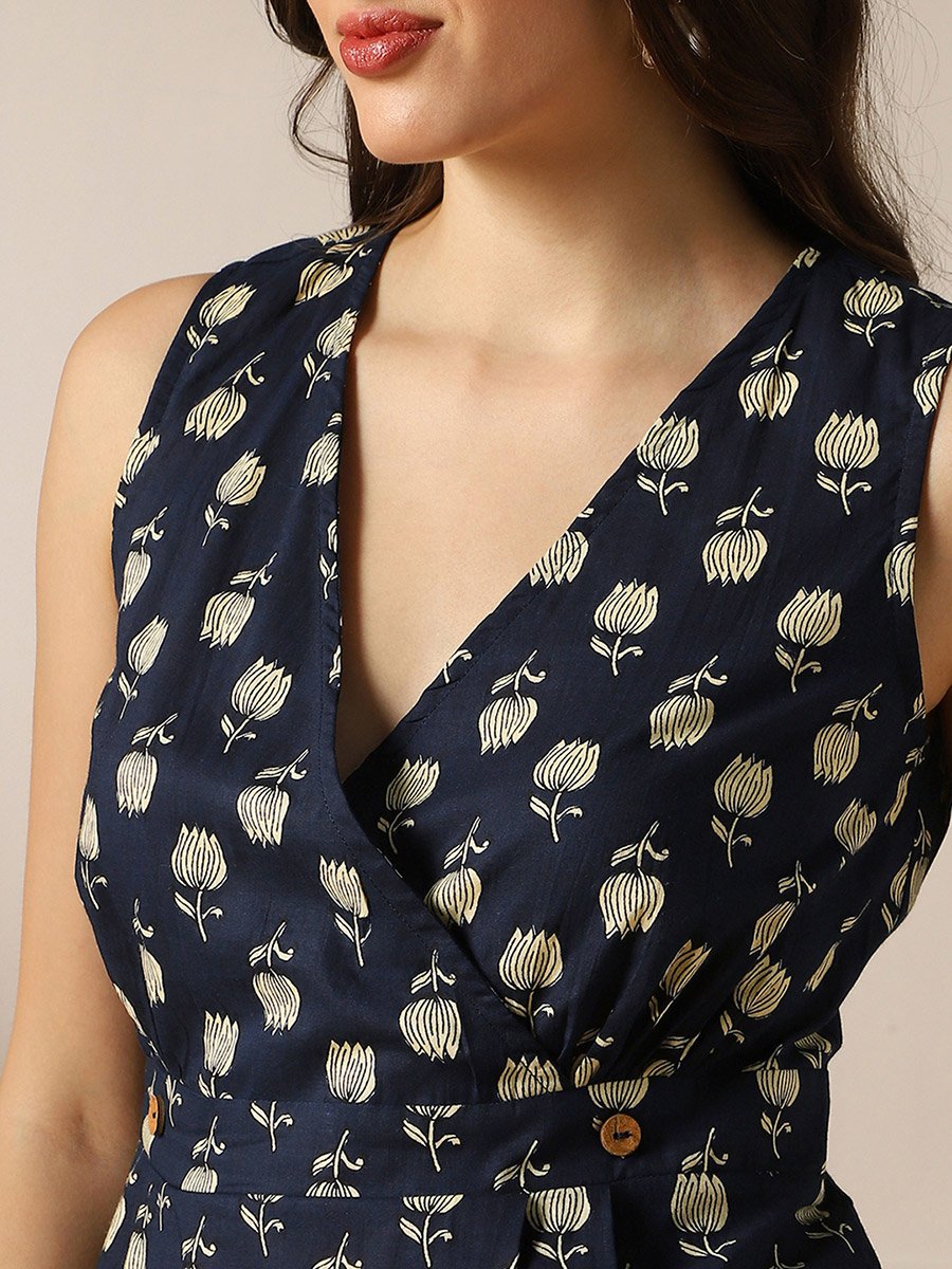 Women Navy Blue Floral Print Wrap Midi Dress
