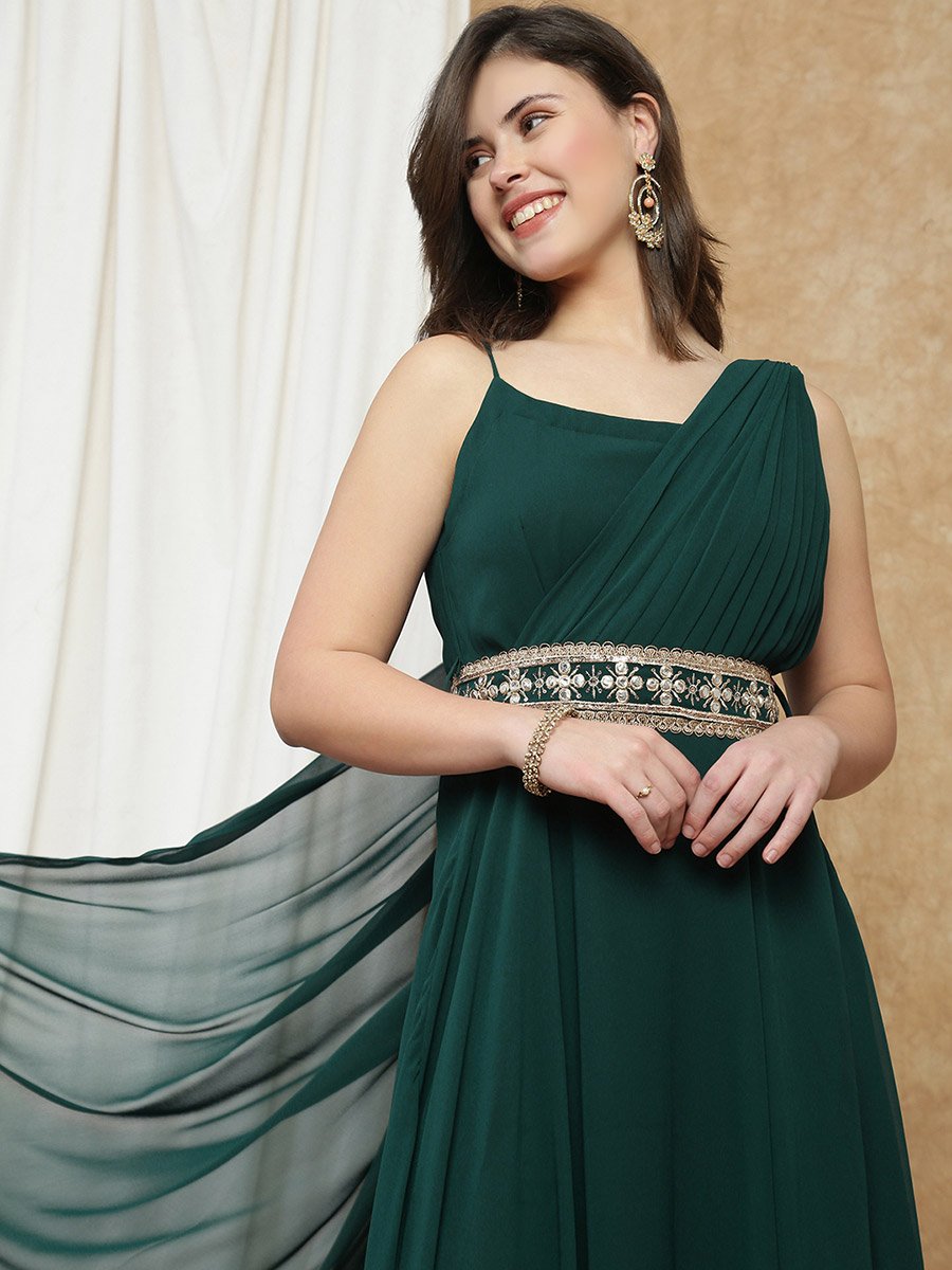Women Dark Green Strappy Embroidered Maxi Dress For Women at Bahrain | Styli Women Dark Green Strappy Embroidered Maxi Dress For Women at Bahrain | Styli