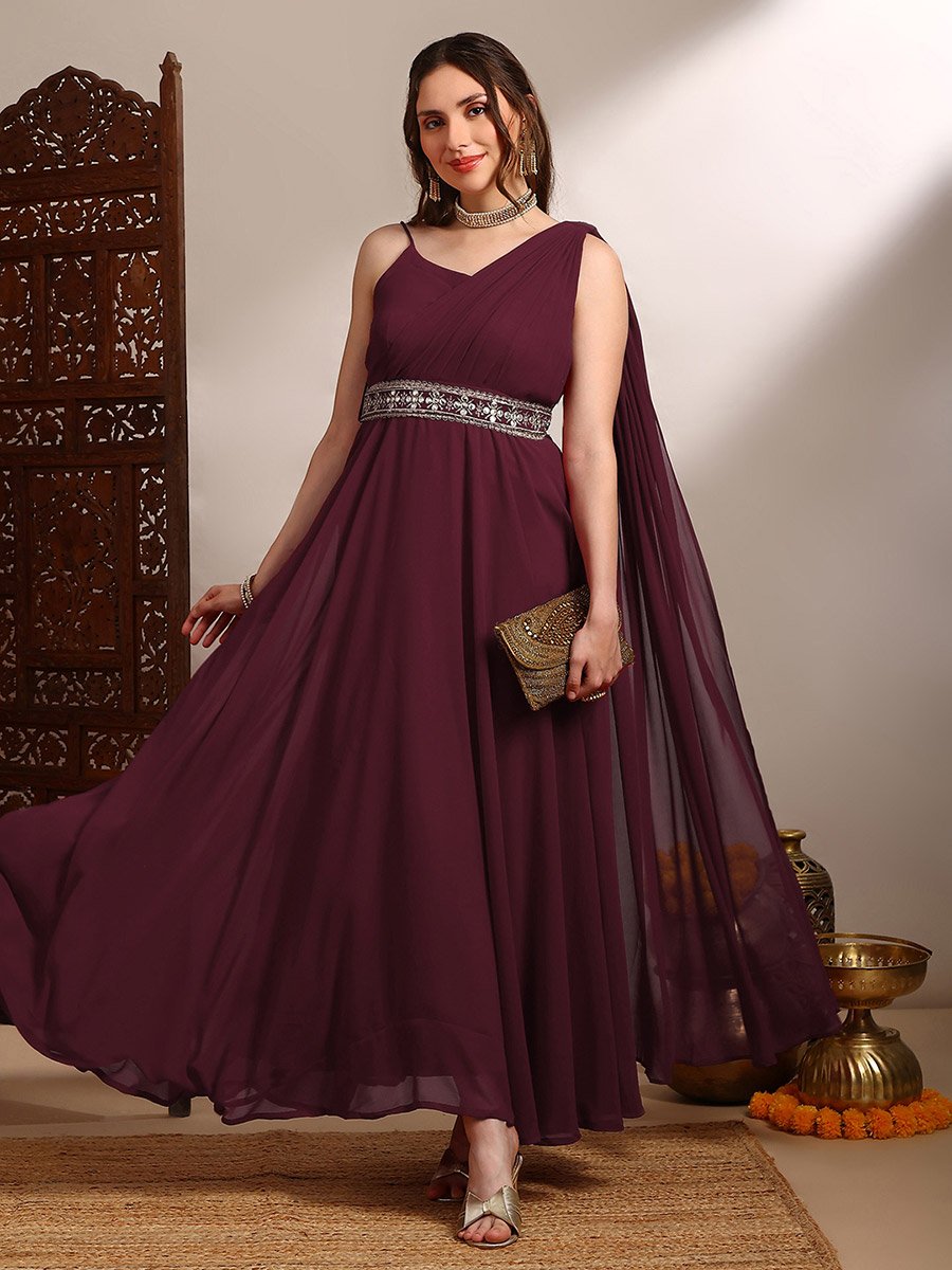 Women Maroon Strappy Embroidered Maxi Dress