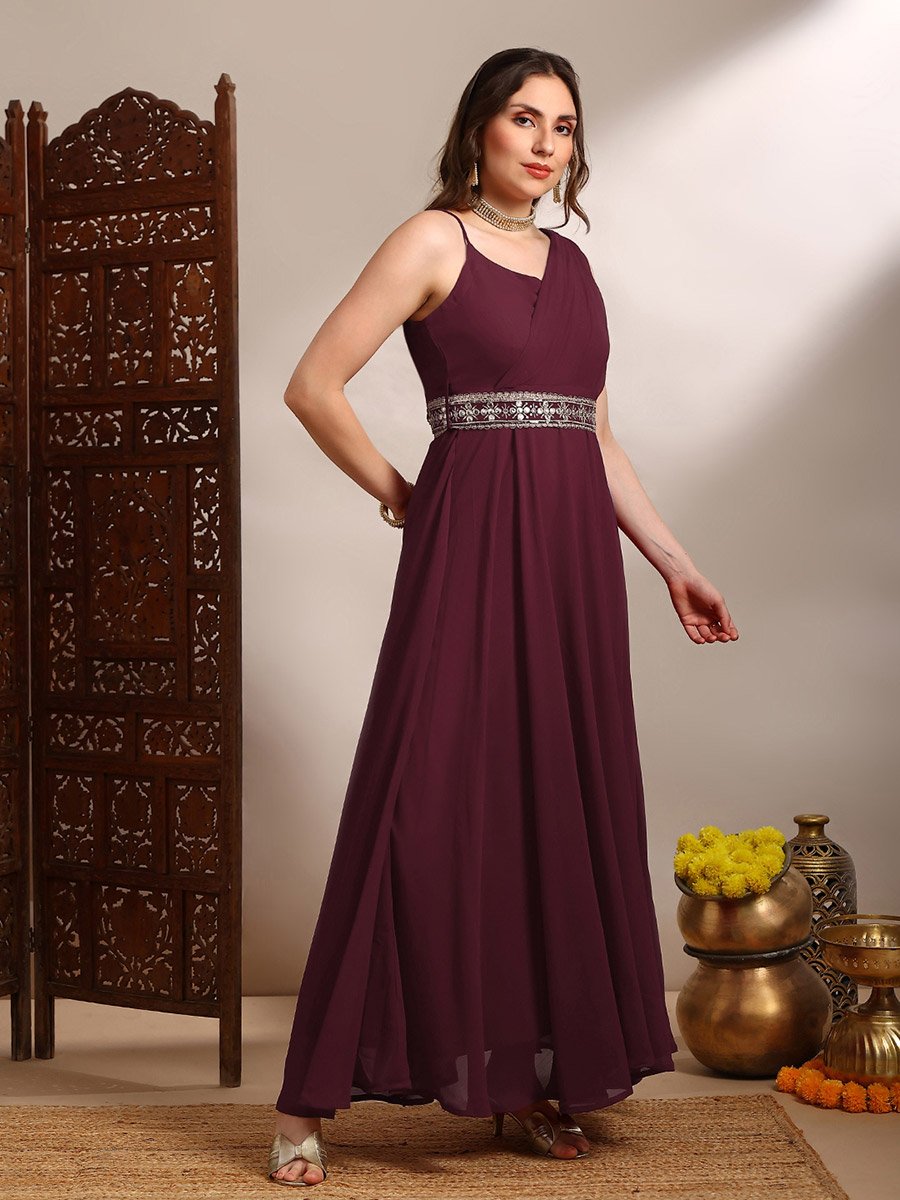 Women Maroon Strappy Embroidered Maxi Dress