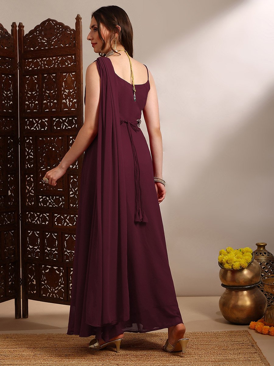 Women Maroon Strappy Embroidered Maxi Dress