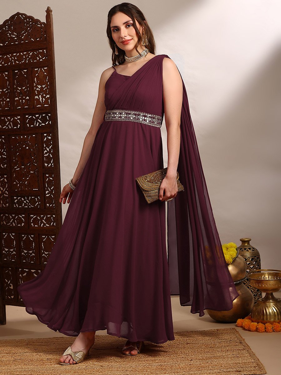 Women Maroon Strappy Embroidered Maxi Dress