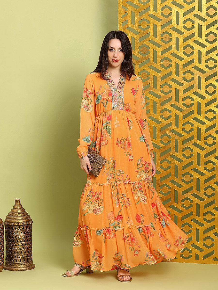 Women Orange Embroidered Bishop Sleeves Maxi Dress
