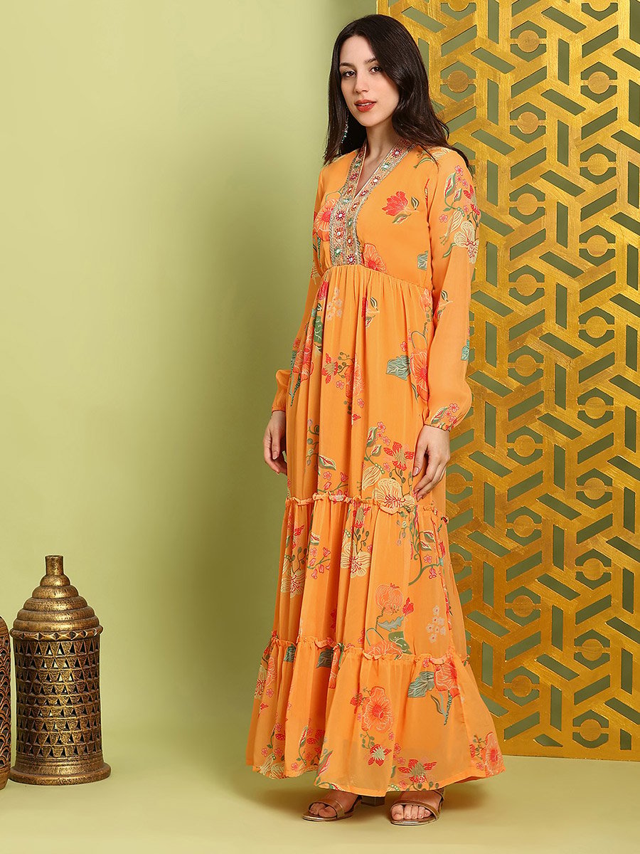 Women Orange Embroidered Bishop Sleeves Maxi Dress