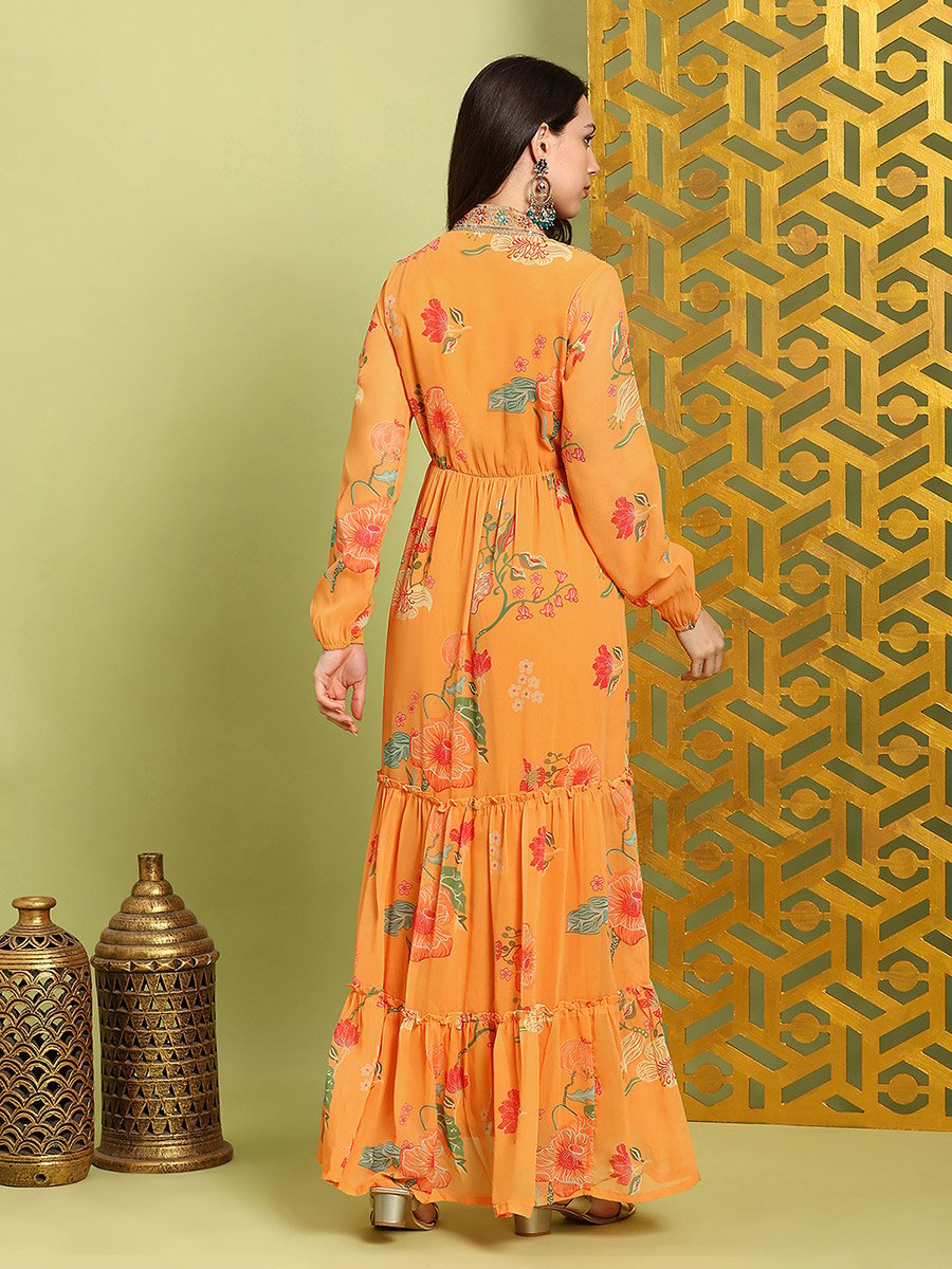 Women Orange Embroidered Bishop Sleeves Maxi Dress