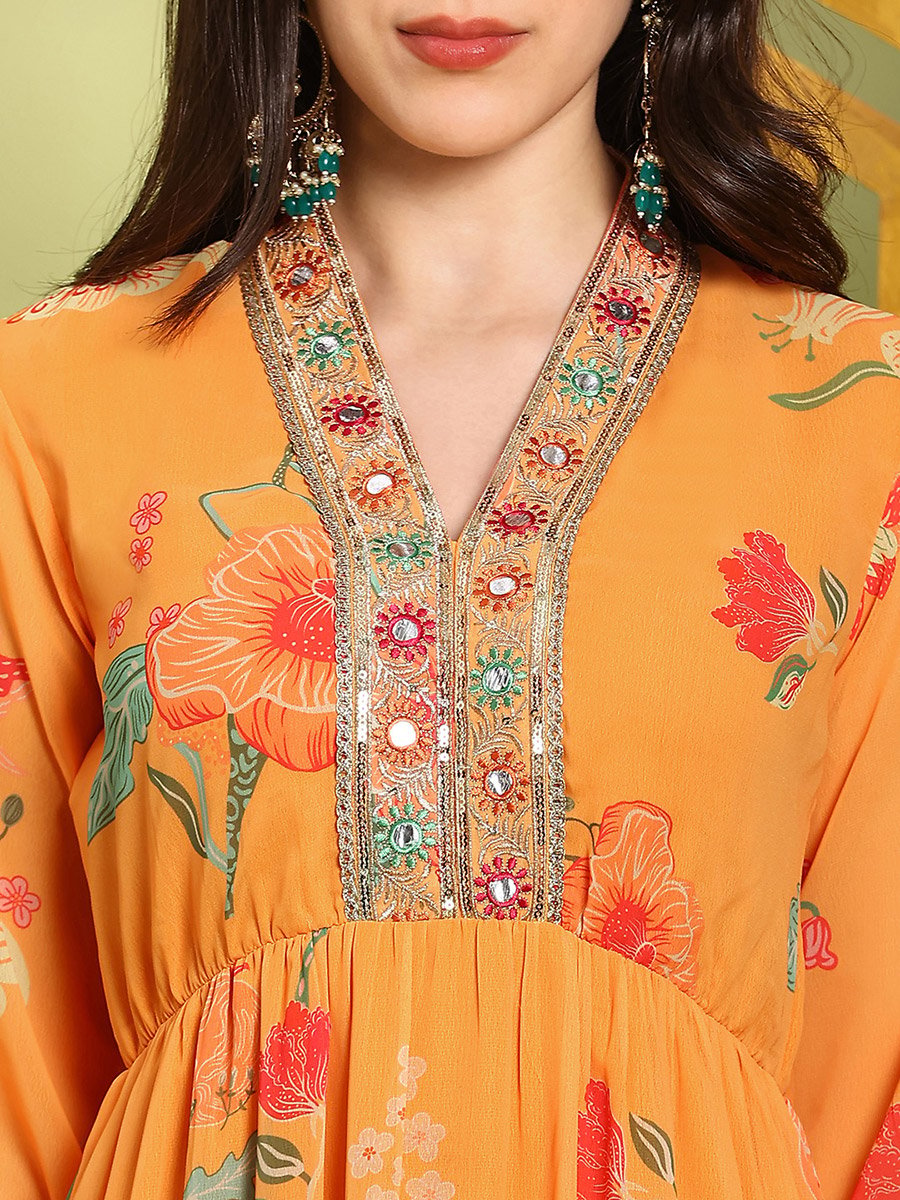 Women Orange Embroidered Bishop Sleeves Maxi Dress