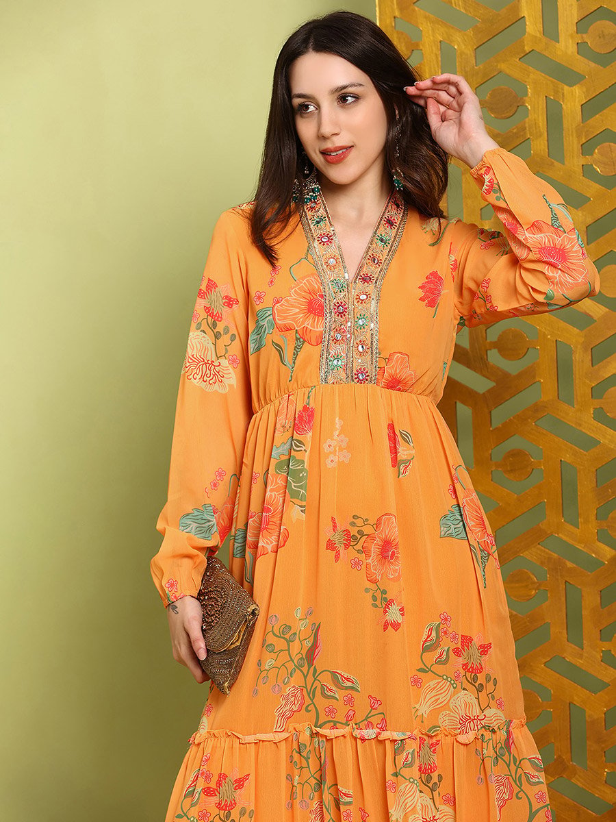 Women Orange Embroidered Bishop Sleeves Maxi Dress
