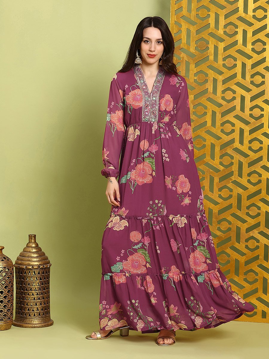 Women Purple Embroidered Bishop Sleeves Maxi Dress For Women at Kuwait |  Styli