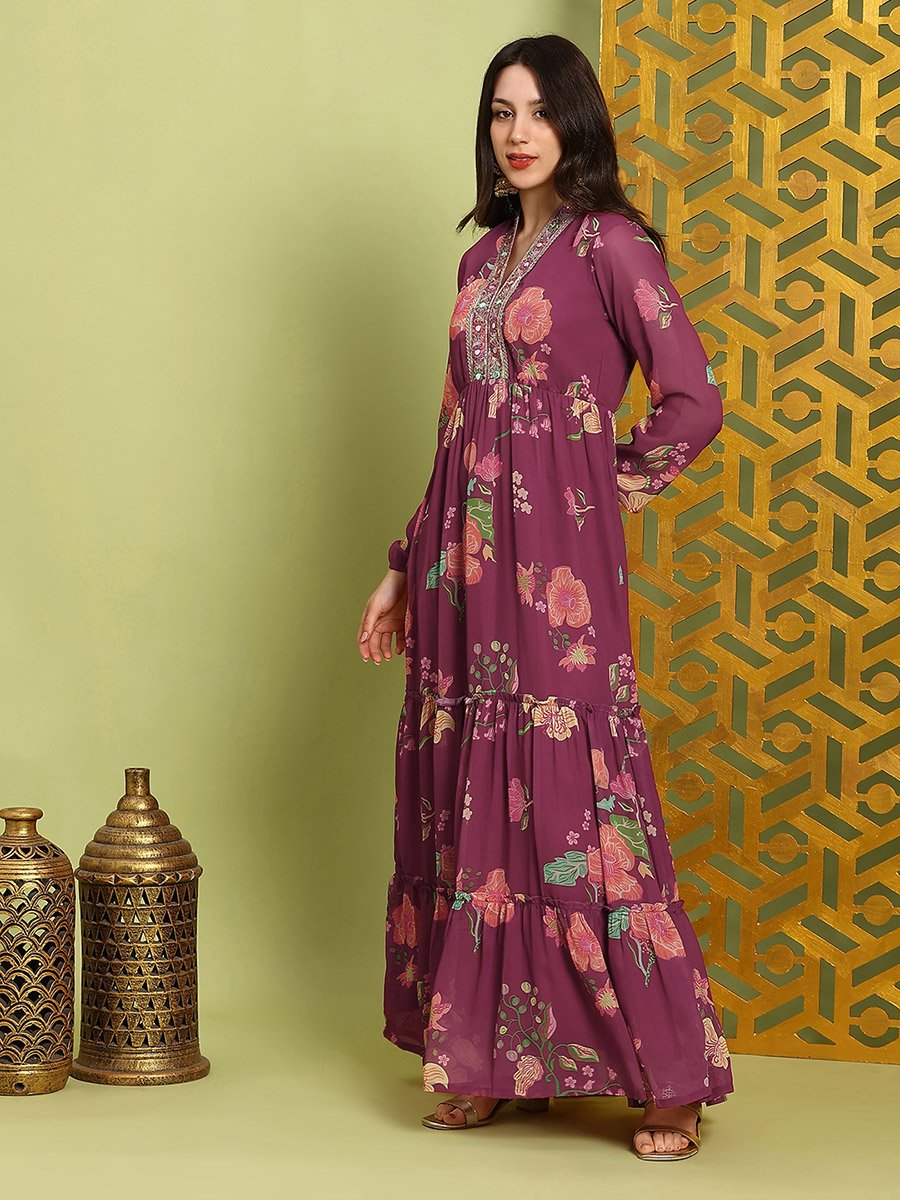 Women Purple Embroidered Bishop Sleeves Maxi Dress