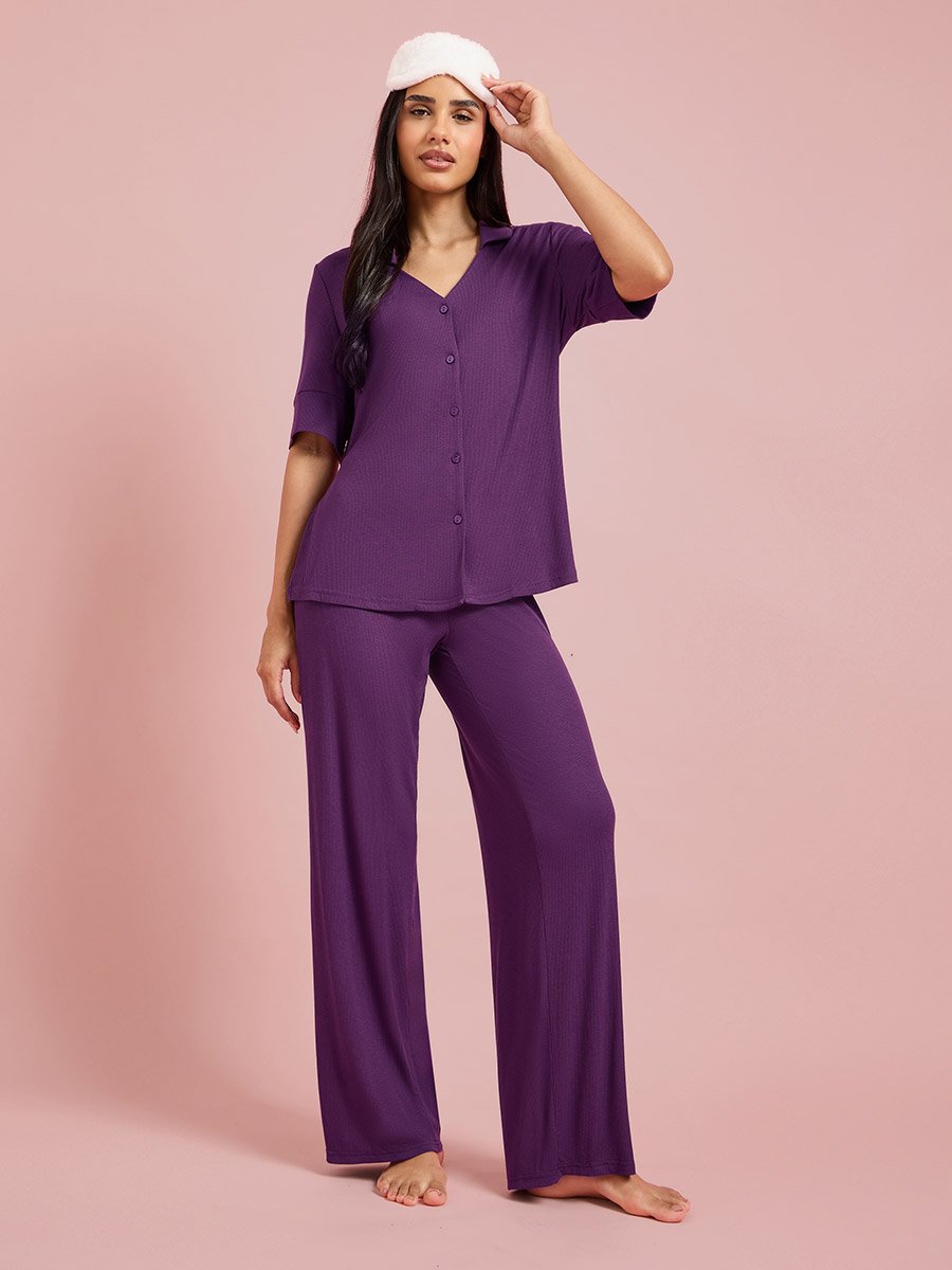 Burgundy Viscose Ribbed Buttoned Shirt and Pyjama Set