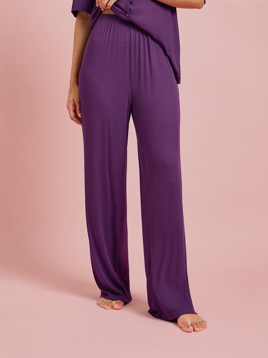 Burgundy Viscose Ribbed Buttoned Shirt and Pyjama Set