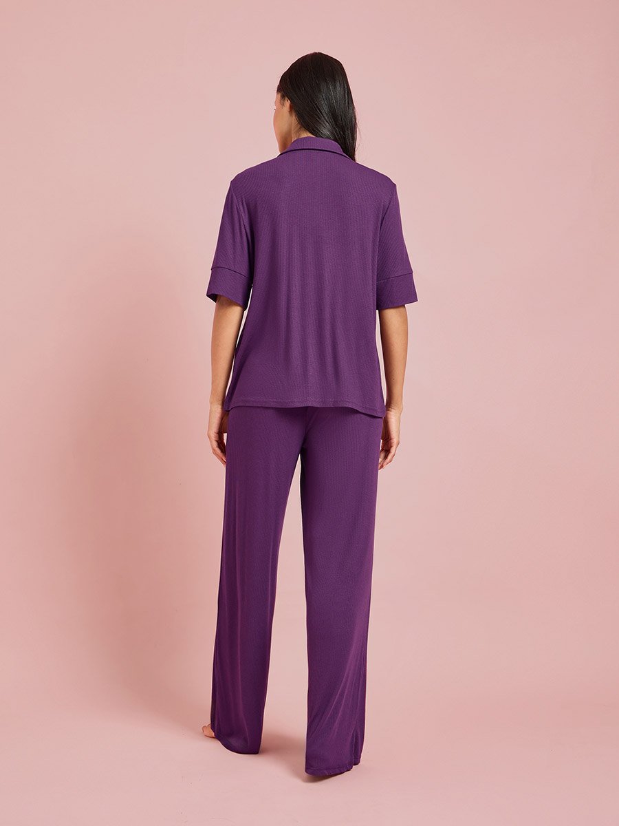Burgundy Viscose Ribbed Buttoned Shirt and Pyjama Set