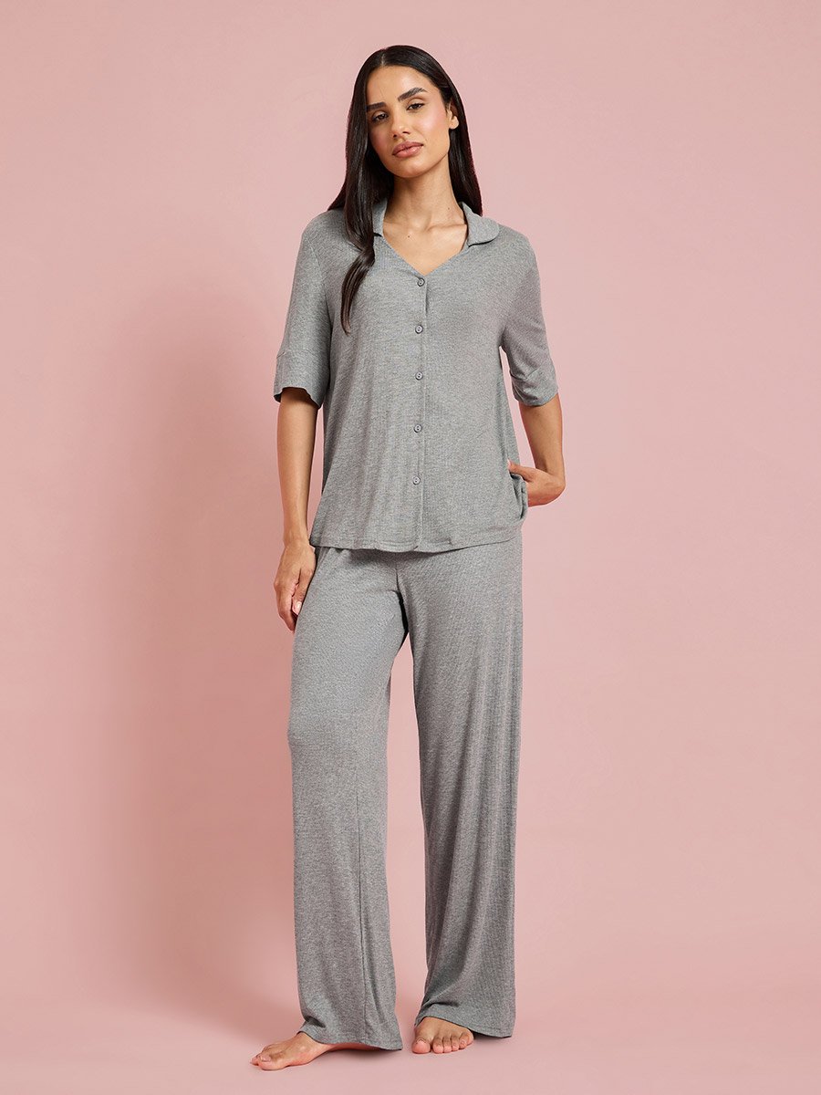 Supersoft Viscose Ribbed Buttoned Shirt and Pyjama Set