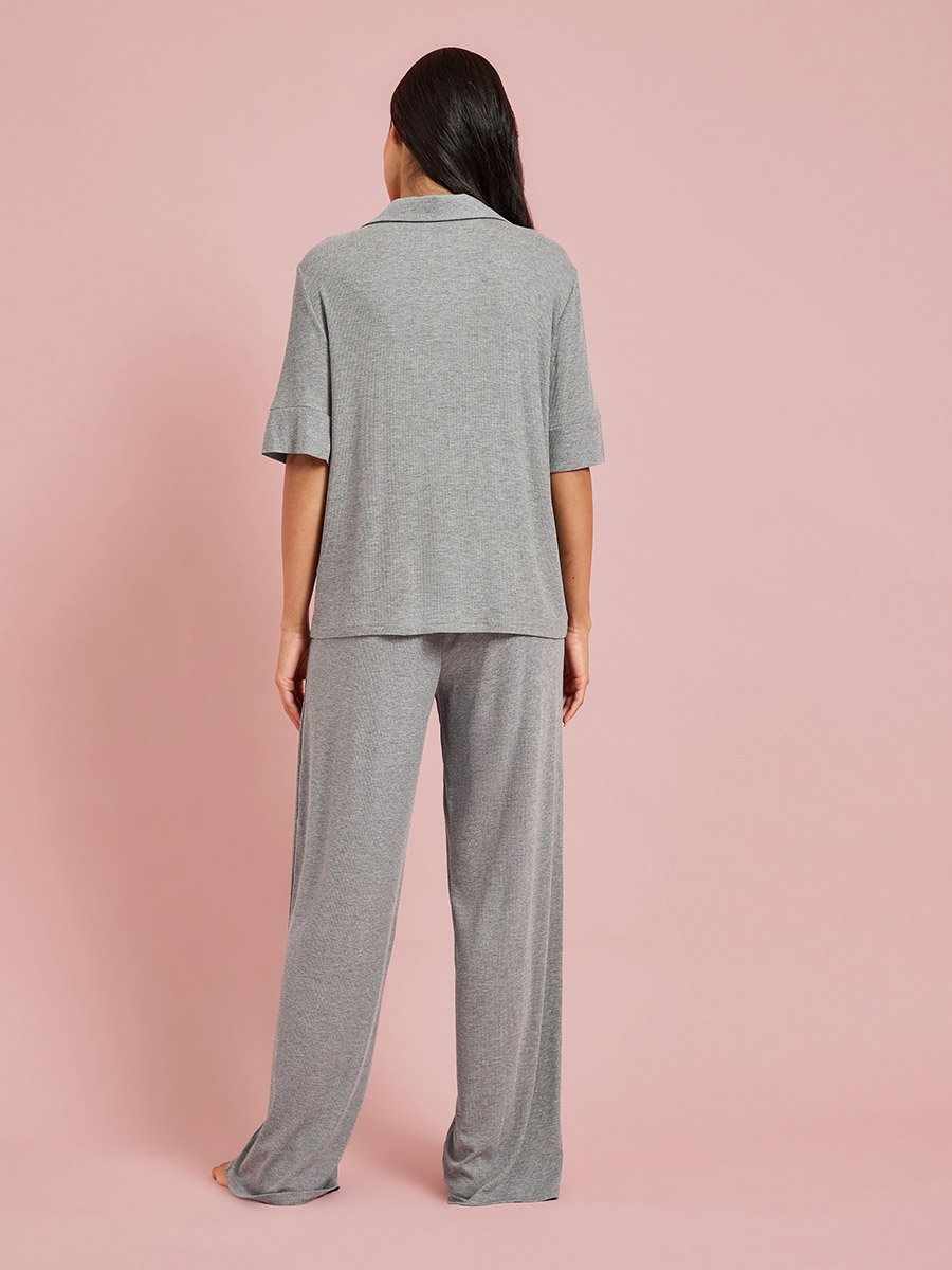 Supersoft Viscose Ribbed Buttoned Shirt and Pyjama Set