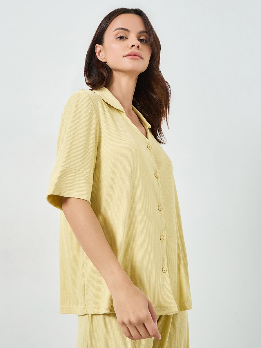 Supersoft Viscose Ribbed Buttoned Shirt and Pyjama Set