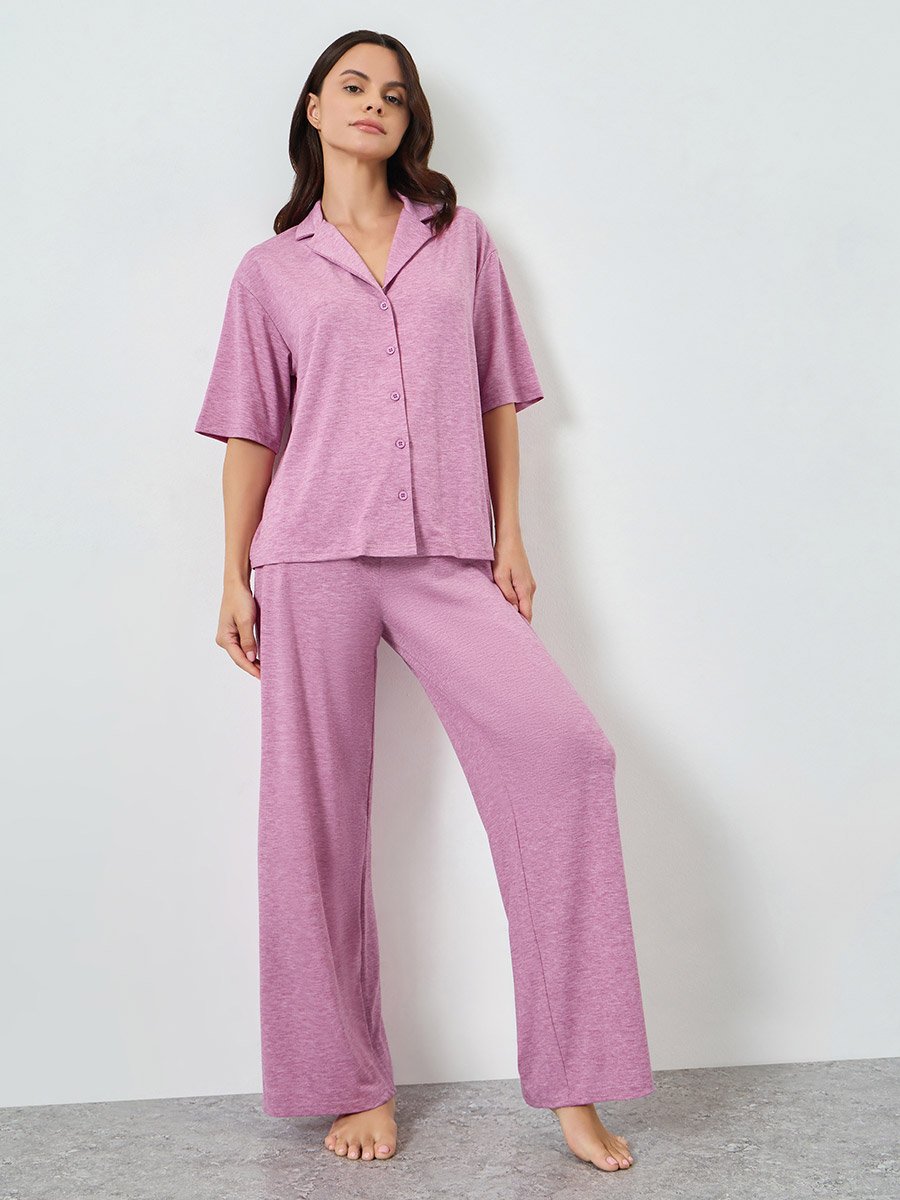 Pink Melange Knit Buttoned Shirt and Pyjama Set