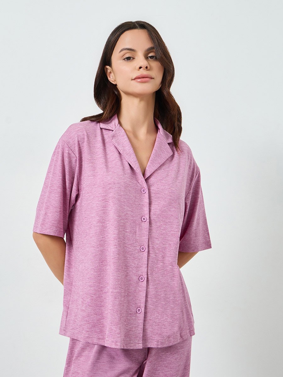 Pink Melange Knit Buttoned Shirt and Pyjama Set