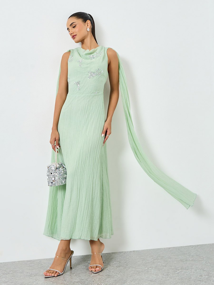 Green Embellished Sleeveless Maxi Dress with Cape
