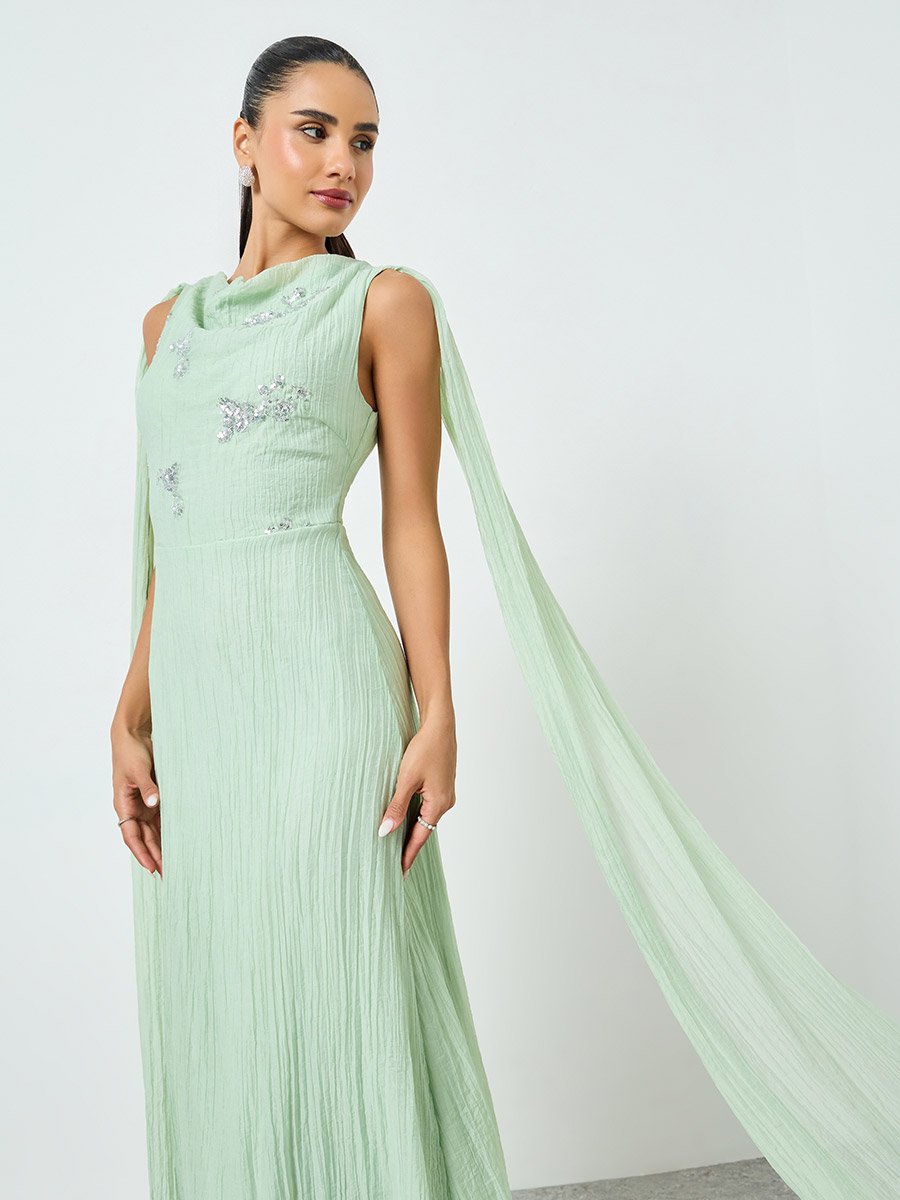 Green Embellished Sleeveless Maxi Dress with Cape