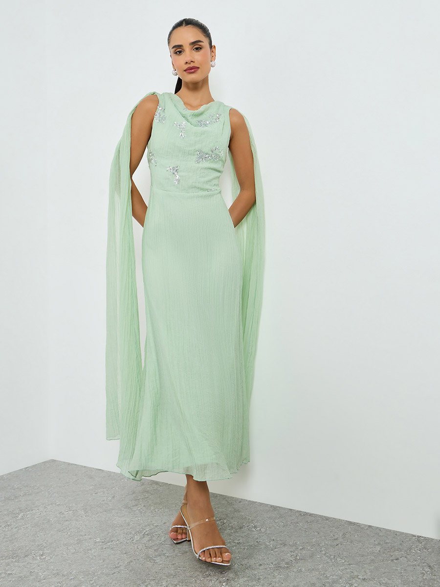 Green Embellished Sleeveless Maxi Dress with Cape