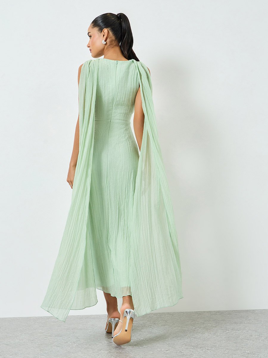Green Embellished Sleeveless Maxi Dress with Cape