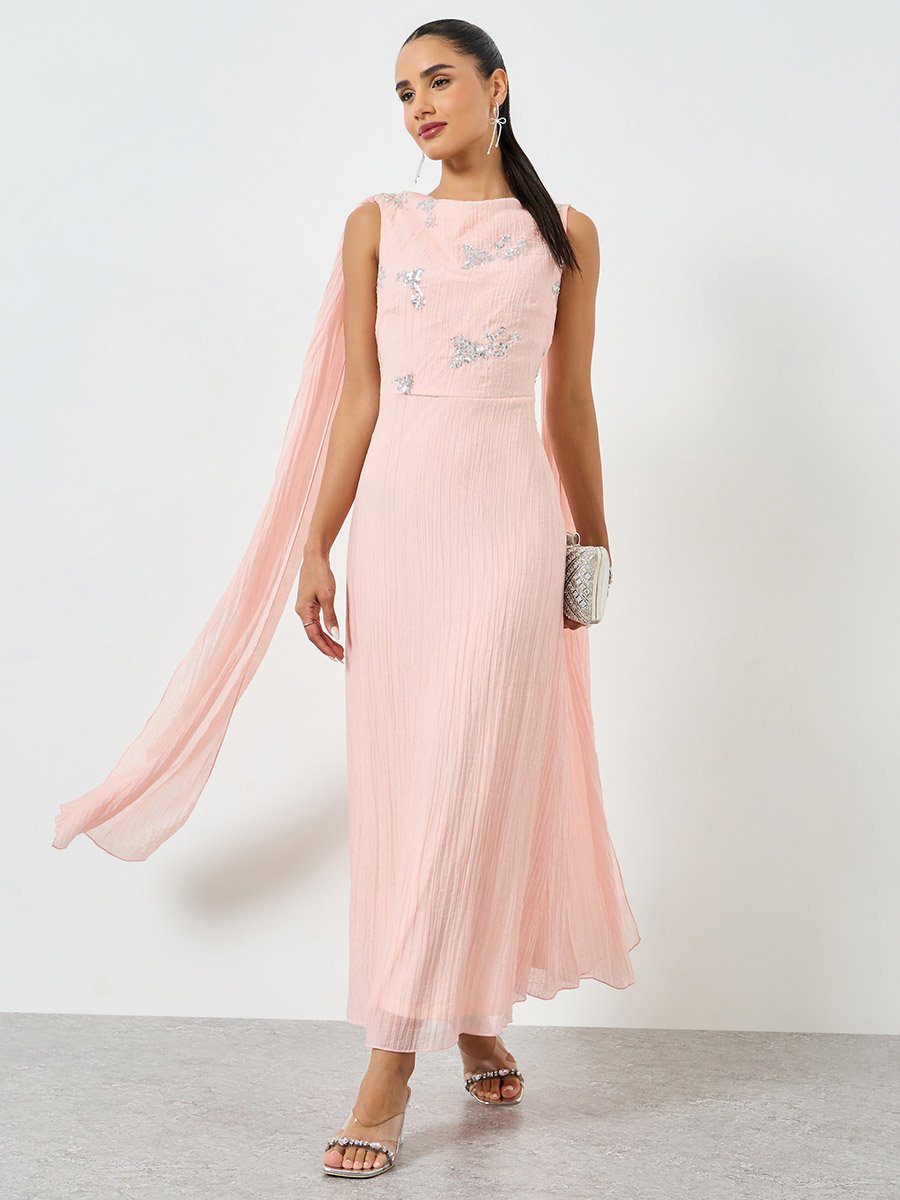 Pink Sequin Embellished Sleeveless Maxi Dress with Cape