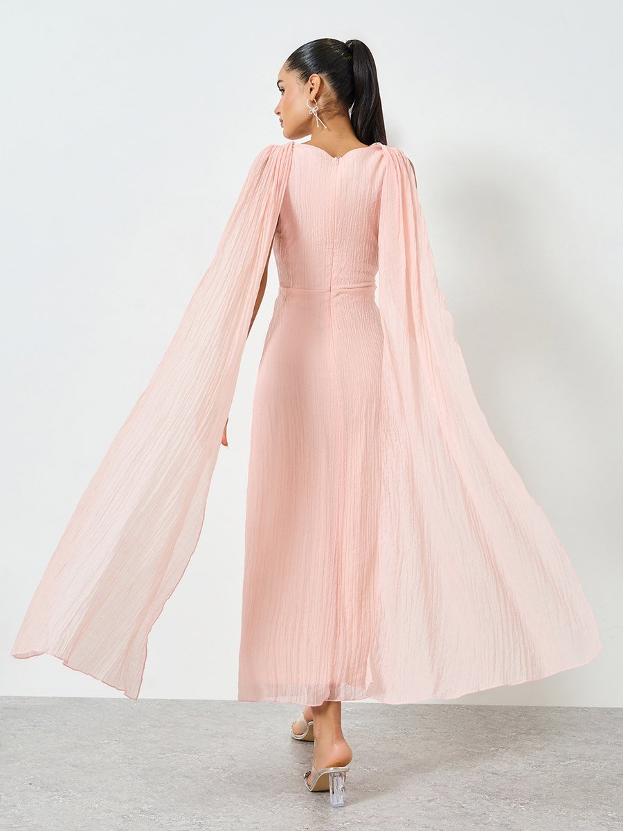 Pink Sequin Embellished Sleeveless Maxi Dress with Cape