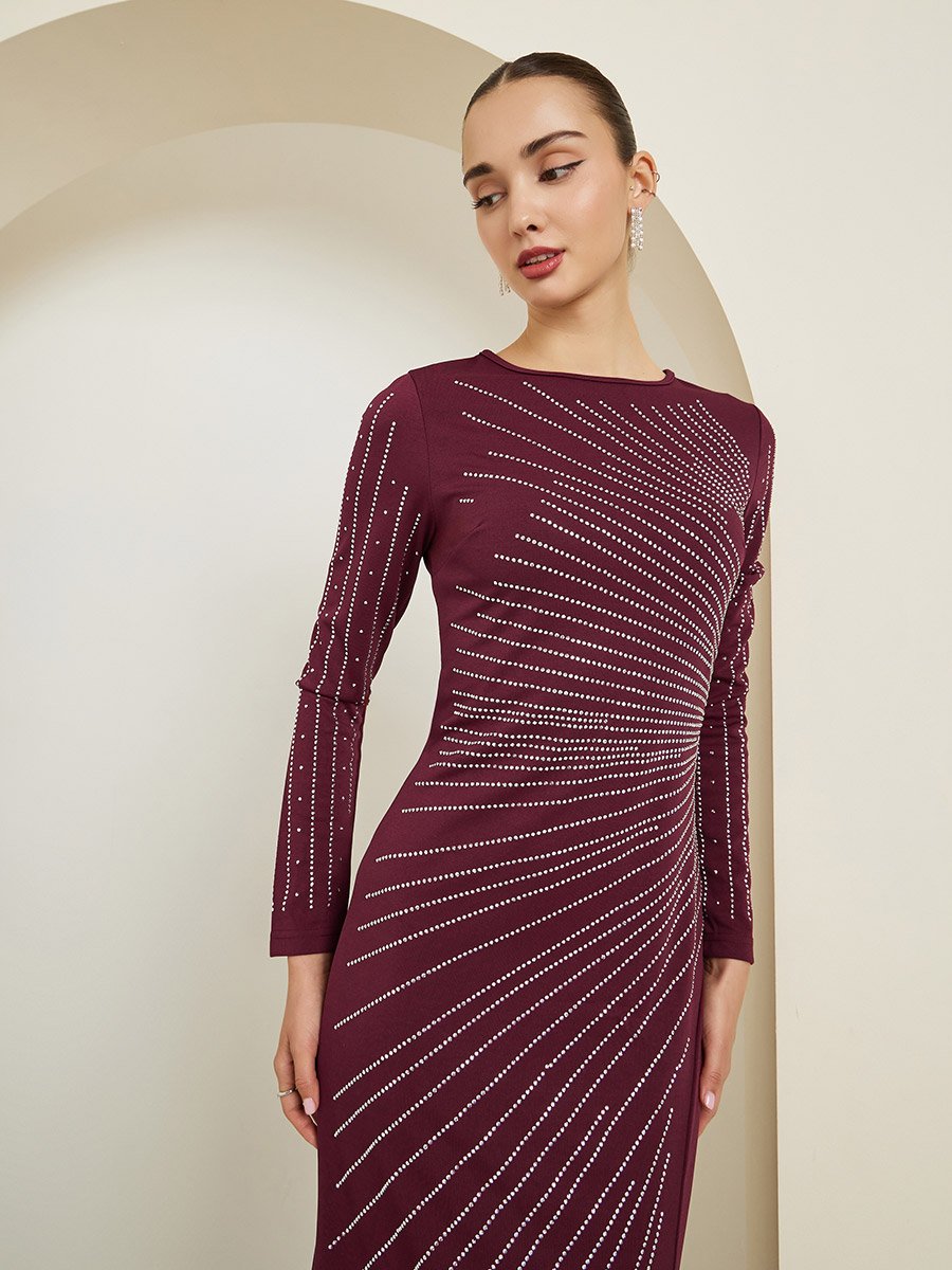 Burgundy Rhinestone Front Slit Maxi Dress For Women at Bahrain | Styli