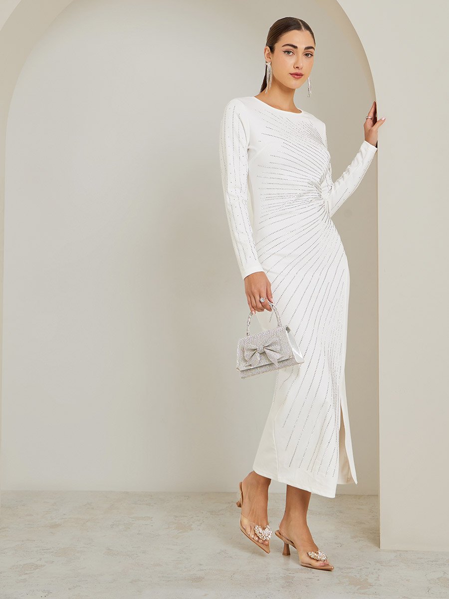 white embellished bodycon dress White Ribbed Sleeveless Pearl Embellished Bodycon Dress