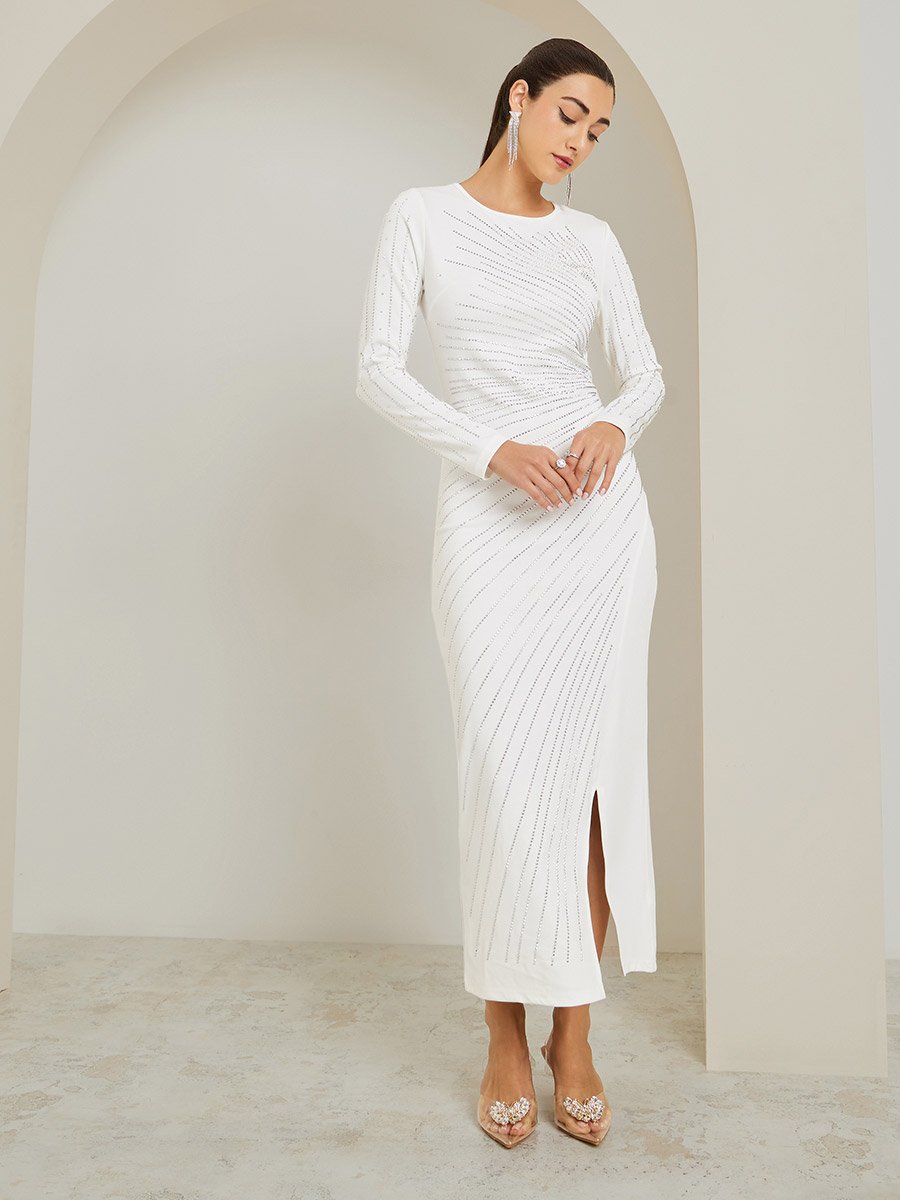 Off-White Embellished Rhinestone Bodycon Maxi Dress