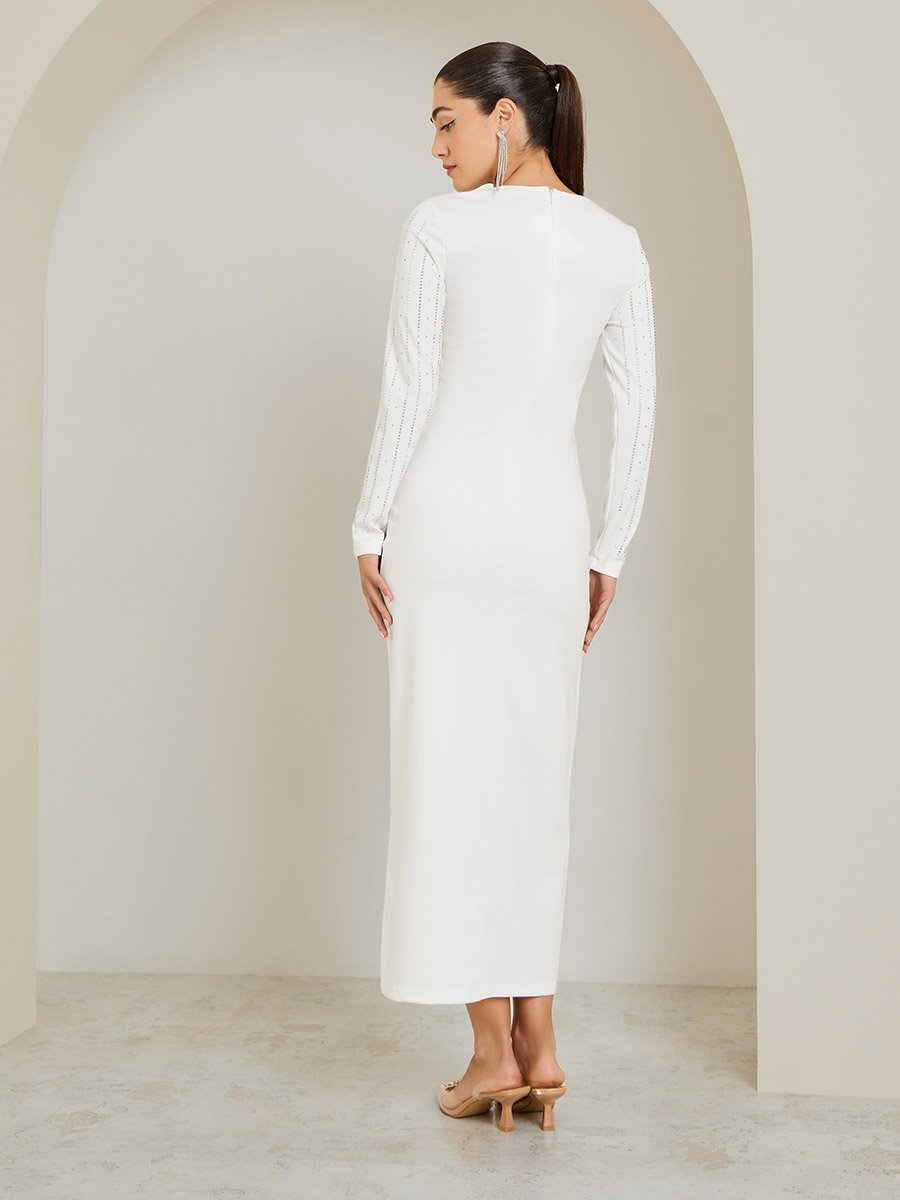 Off-White Embellished Rhinestone Bodycon Maxi Dress