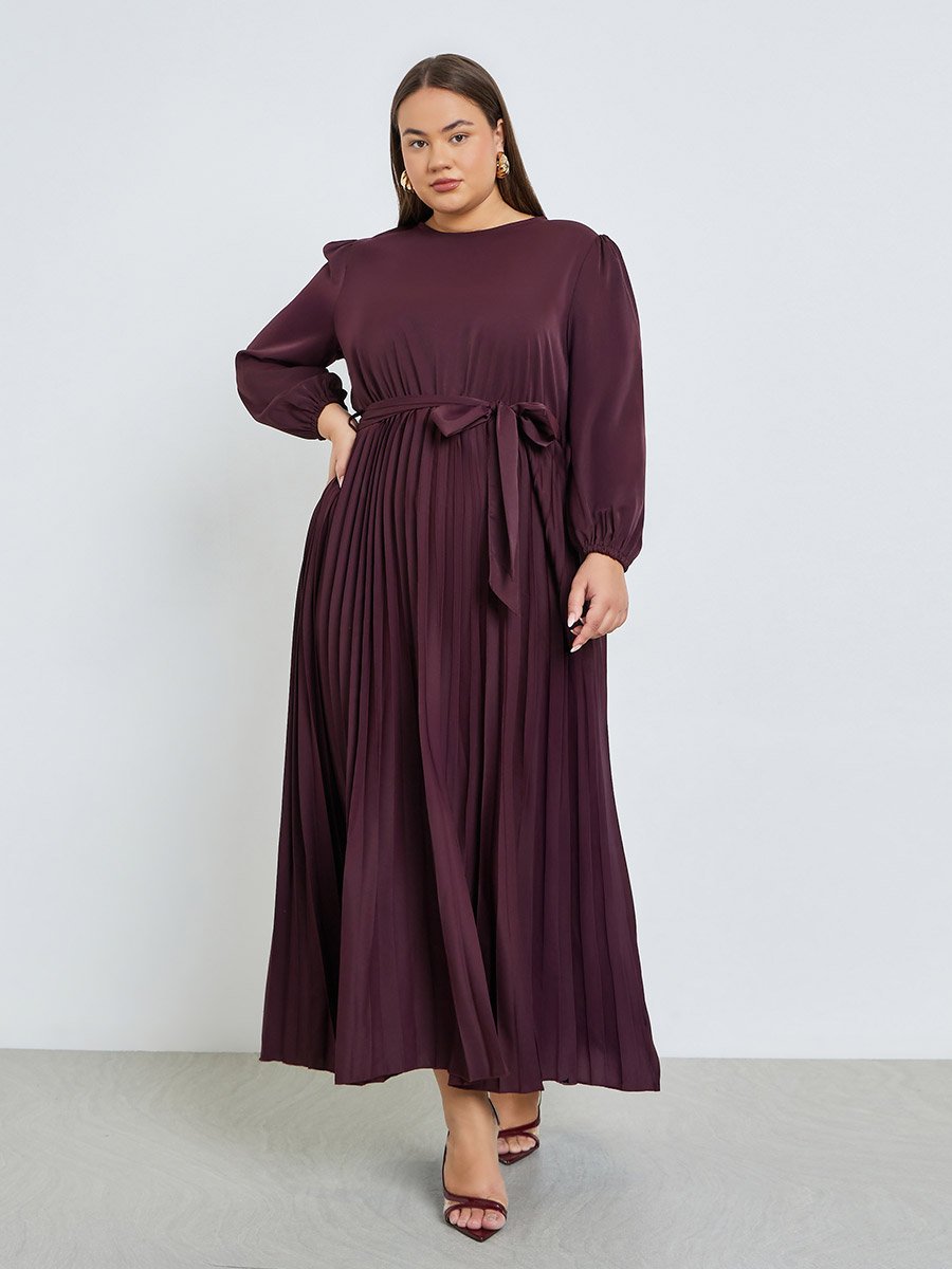 Plus Size Burgundy Pleated Maxi Dress with Belt