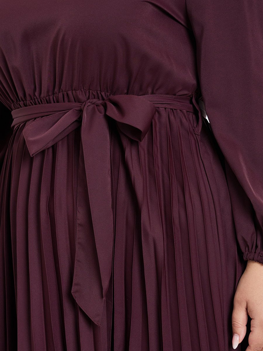 Plus Size Burgundy Pleated Maxi Dress with Belt