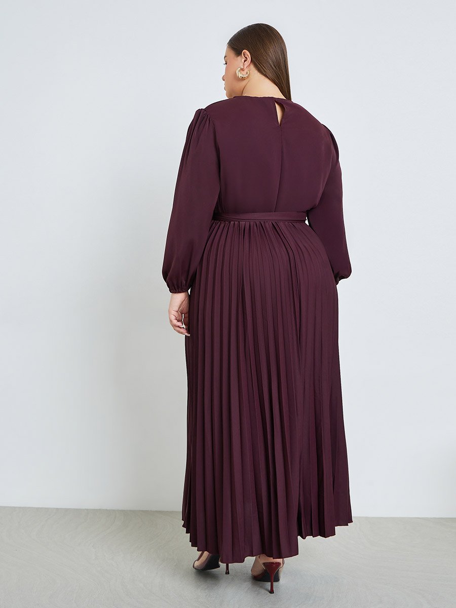 Plus Size Burgundy Pleated Maxi Dress with Belt
