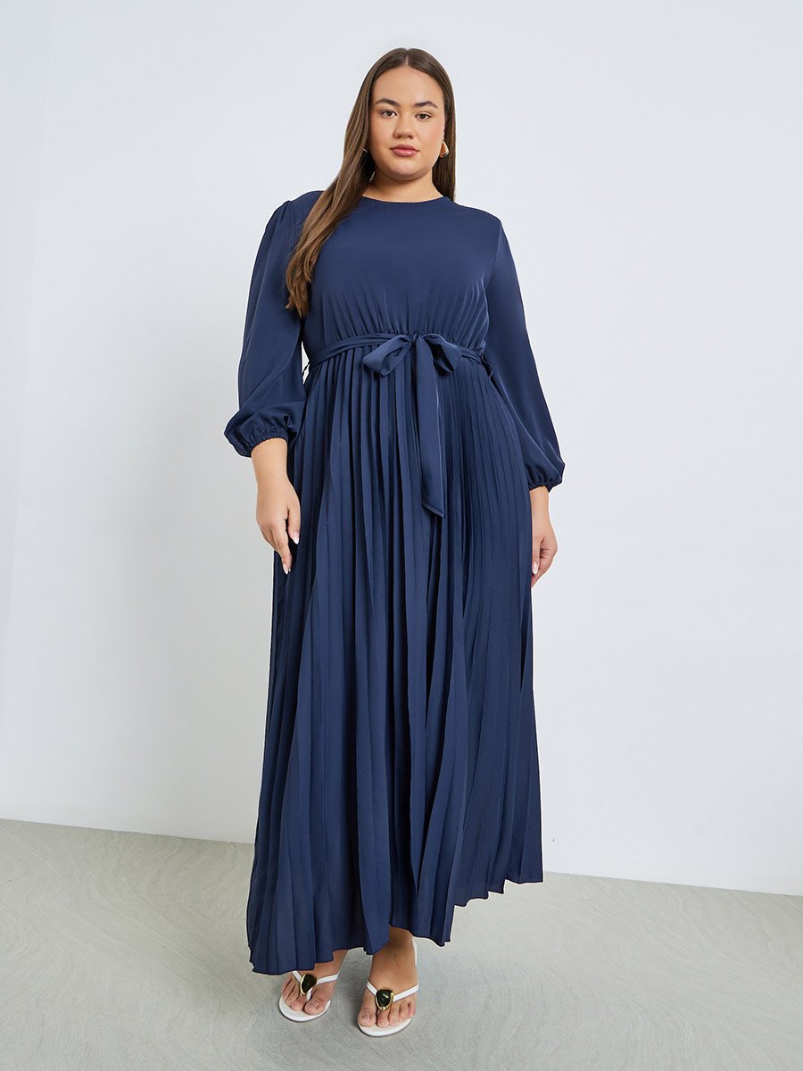 Plus Size Navy Blue Pleated Maxi Dress with Belt