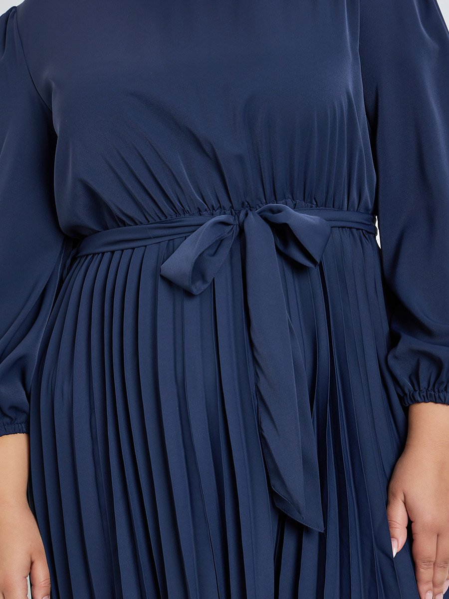 Plus Size Navy Blue Pleated Maxi Dress with Belt